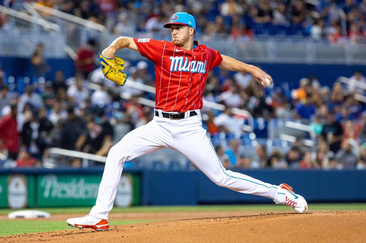Miami Marlins pitcher Trevor Rogers (28) throws a pitch during the first inning of an MLB game against the Atlanta Braves at loanDepot park in the Little Havana neighborhood of Miami, Florida, on Saturday, July 10, 2021.