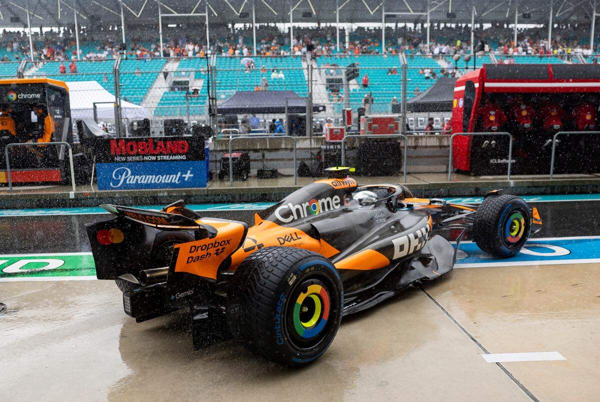 McLaren driver Lando Norris of Britain leaves his garage before his Sprint race on the second day of the Formula One Miami Grand Prix at the Miami International Autodrome on Saturday, May 3, 2025, in Miami Gardens, Fla.