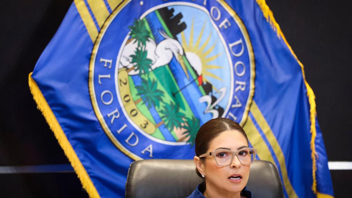 Doral Mayor Christi Fraga speaks during a city council meeting on Wednesday, April 16, 2025, at the City of Doral Government Center in downtown Doral. The city has agreed to train the Doral police department in ICE protocols and partner with them in carrying out immigration enforcement.