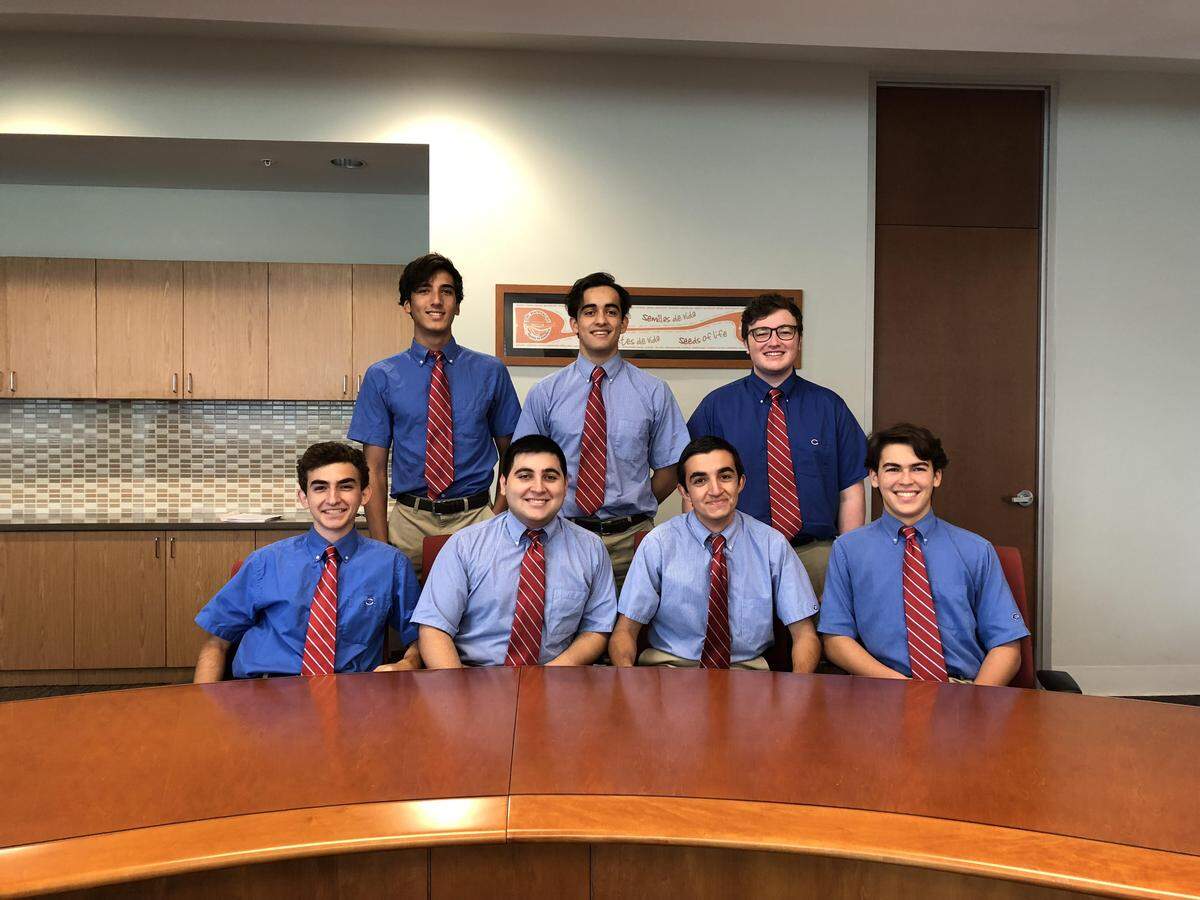 The National Merit Scholarship Program named seven students from Christopher Columbus High School as semifinalists in the 2018 competition. Pictured, from left: Matthew Rockwell, Emilio Valenzuela, Matthew Schutzen, Daniel J. Gonzalez, Dante Velasco, Christopher Costa and Rafael Rodriguez.