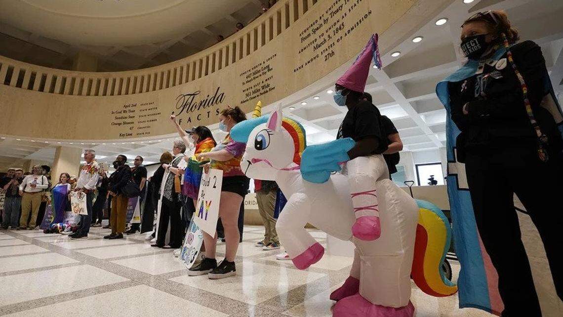 In March, demonstrators protested inside the Florida Capitol as lawmakers voted on a bill to ban discussion of sexual orientation and gender identity in schools.