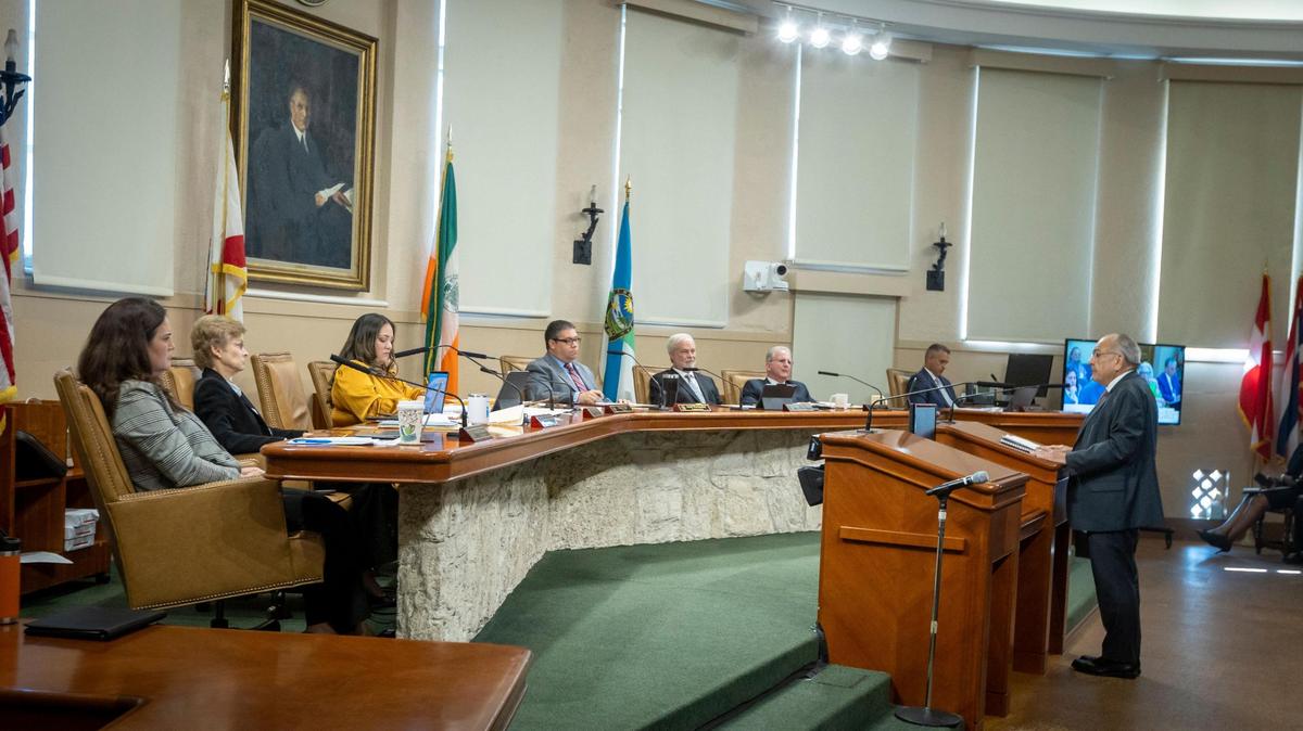 The Coral Gables City Commission listens to speakers during the September 13, 2023 commission meeting. Castro, third from left, was elected in April.