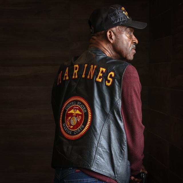 Marines veteran Roosevelt Randolph, 77, is photographed as Black military veterans gathered daily to share memories, stories, and fellowship at a local McDonald’s on Thursday, March 28, 2024 in Miami, Florida.