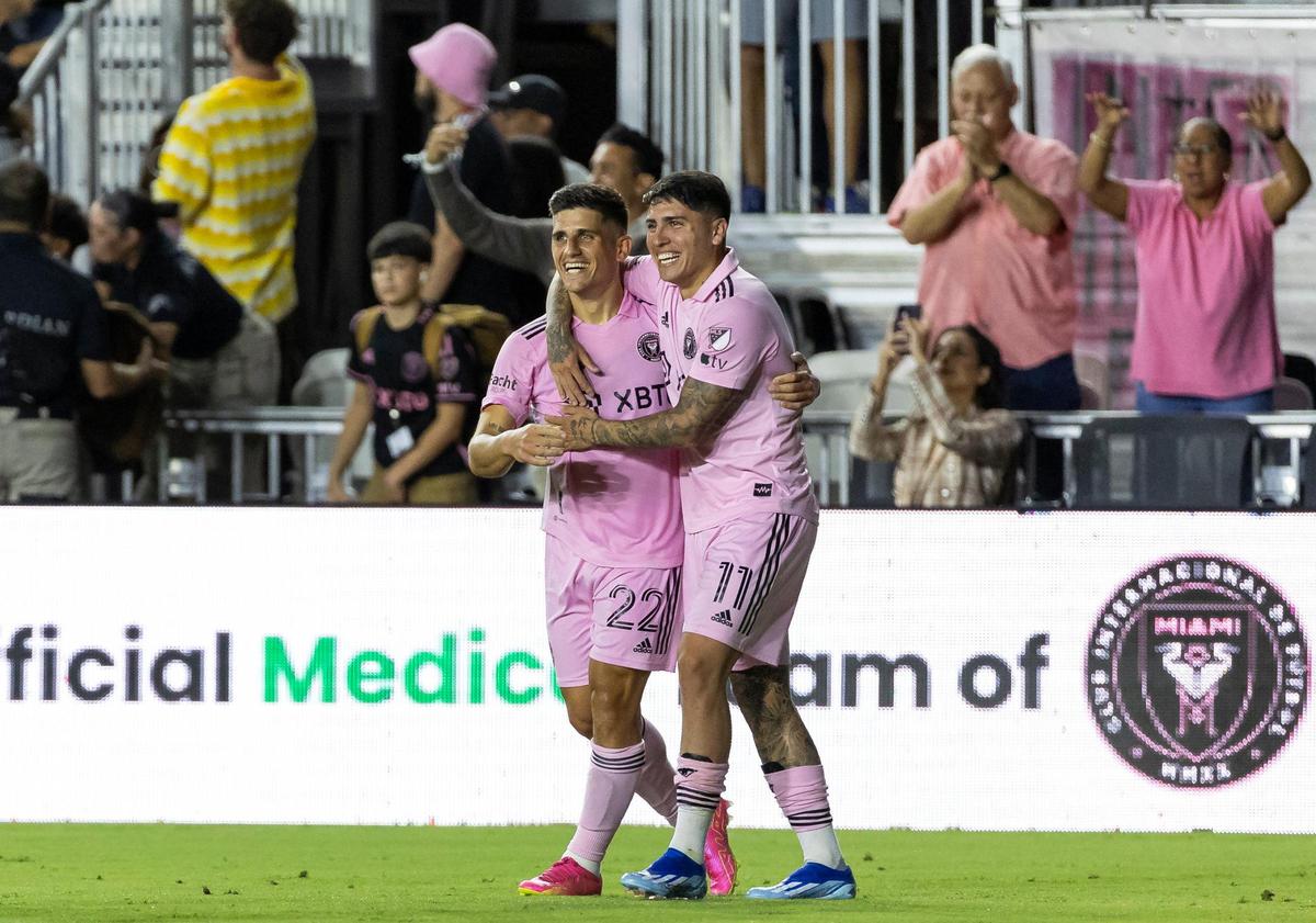 Inter Miami forward Nicolás Stefanelli (22) and midfielder Facundo Farías (11) celebrate after scoring a goal against Charlotte FC in the first half of their MLS match at DRV PNK Stadium on Wednesday, Oct. 18, 2023, in Fort Lauderdale, Fla.