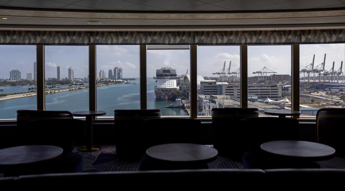 A general view from the Commodore Club aboard Cunard’s Queen Anne, while docked at PortMiami on Tuesday, Jan. 21, 2025, in Miami, Fla.