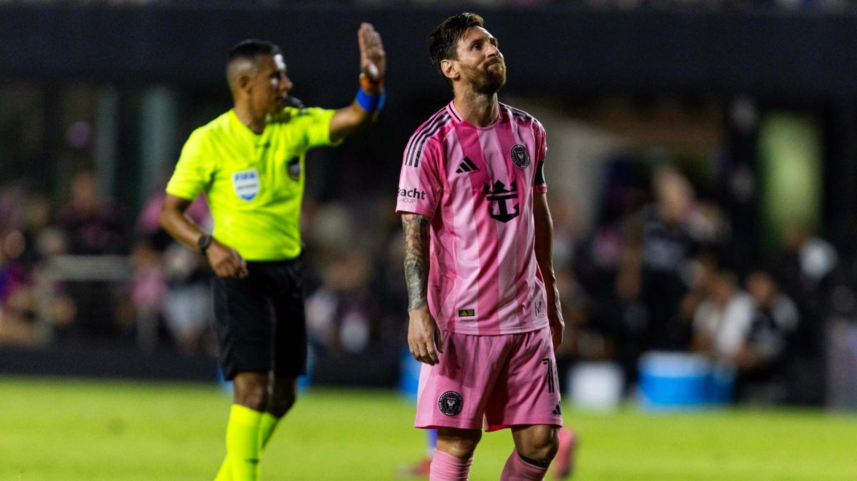 Inter Miami forward Lionel Messi (10) reacts to a play during the second half of an MLS match against the Orlando City at Chase Stadium on Sunday, May 18, 2025, in Fort Lauderdale, Fla.