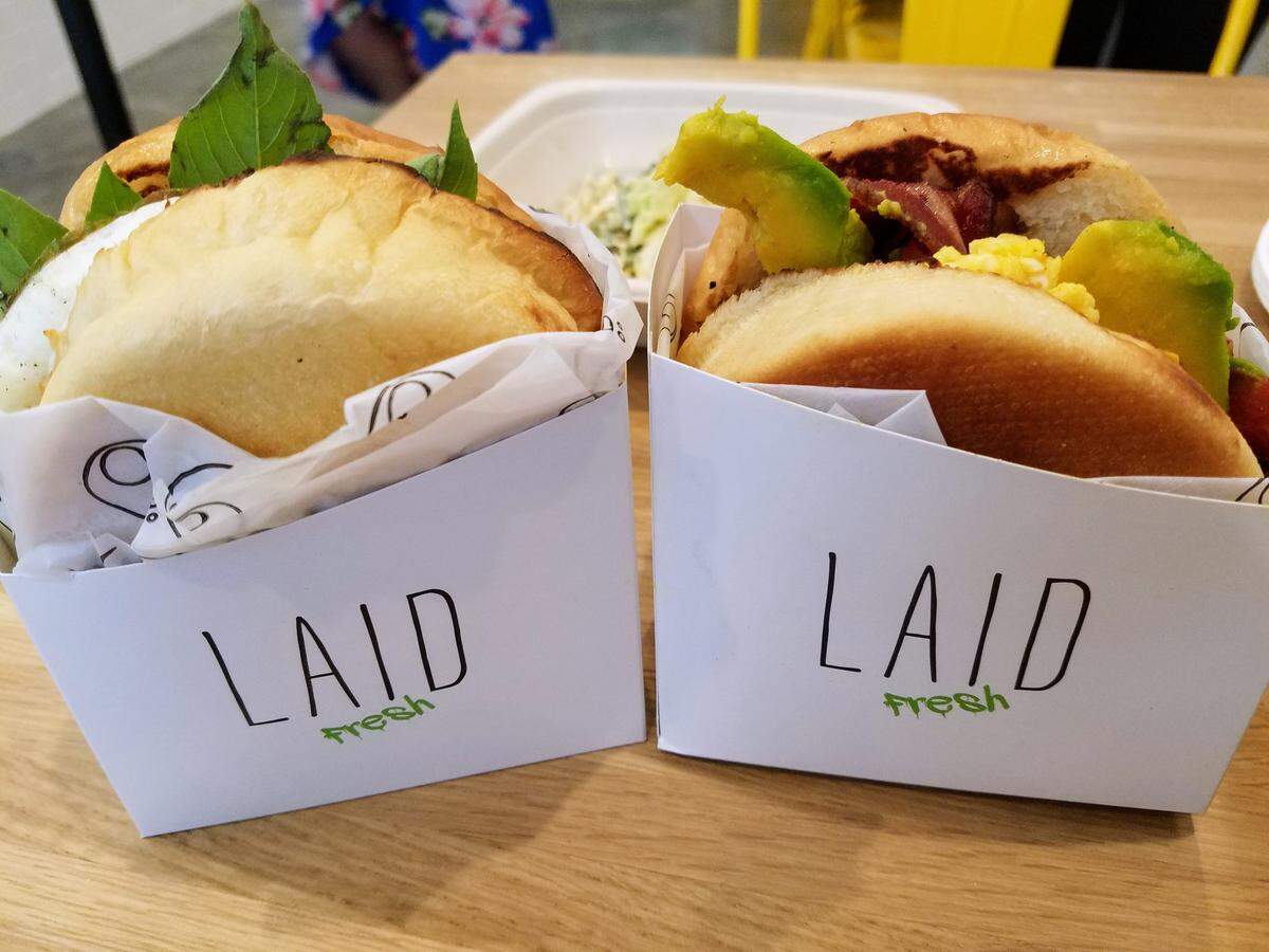 Breakfast sandwiches at Laid Fresh. Yes, we want one of each.