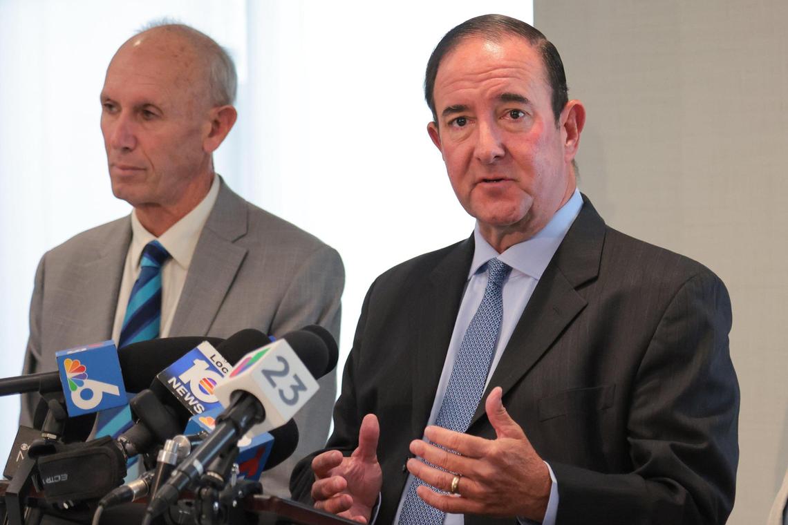 Attorney Michael Haggard speaks to reporters during a press conference at The Haggard Law Firm in Coral Gables, Florida, on Monday, June 23, 2025. Haggard represents Christine Maron, the mother of Dominic Ferrell, the 17-year-old boy stabbed to death while he was sleeping in a Brickell condo.