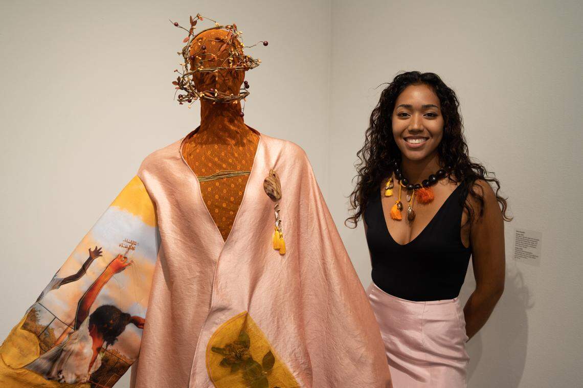 Current Oolite Arts resident Diana Eusebio with her artwork that was featured in an exhibition at Oolite’s Miami Beach location. 