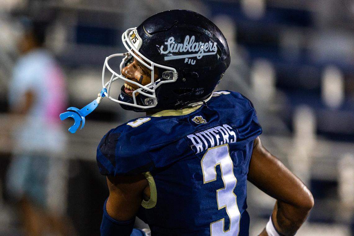 Florida International University Panthers wide receiver Eric Rivers (3) reacts to scoring a touchdown during the second half of an NCAA Conference USA football game against the New Mexico State Aggies at Pitbull Stadium on Tuesday, October 29, 2024, in Miami, Fla.
