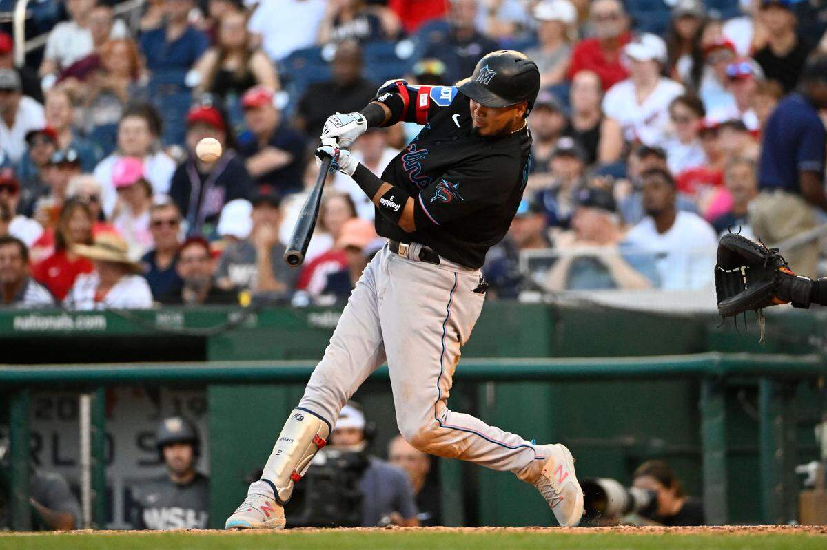 Sep 2, 2023; Washington, District of Columbia, USA; Miami Marlins second baseman Luis Arraez (3) hits a RBI single against the Washington Nationals during the seventh inning at Nationals Park.