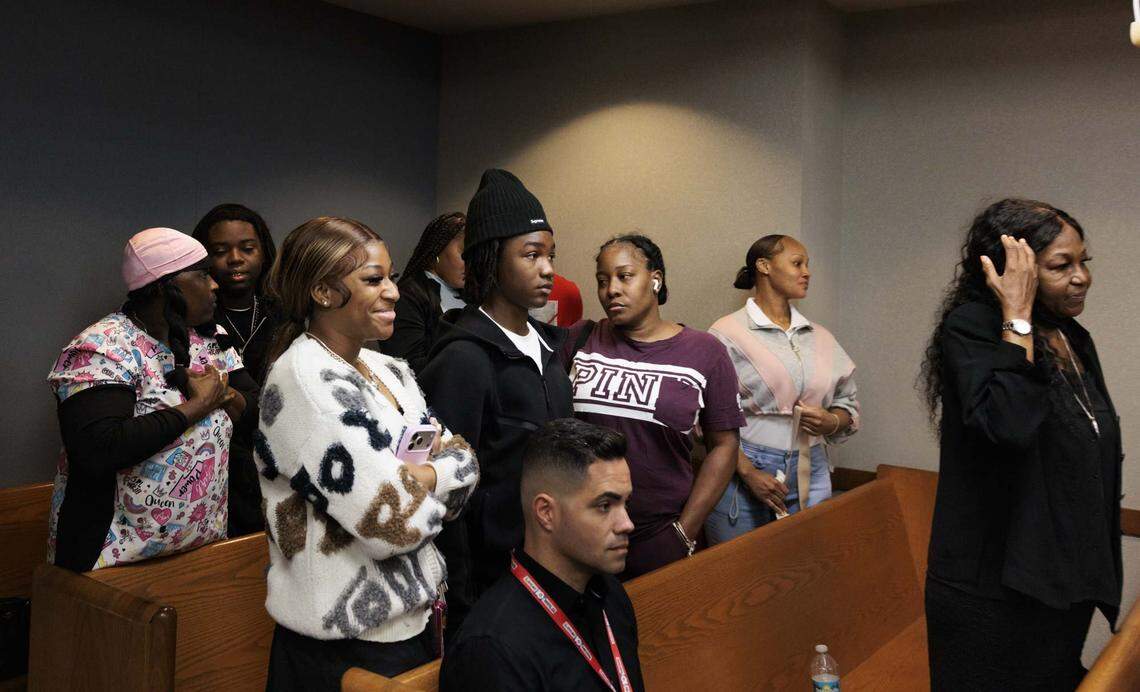 Family of Reginald Louis Jackson reacts to his sentencing with Roderick Martin where both plead guilty to 2013 double murder of a church minister and her grandson in her Miami Gardens home during a hearing on Wednesday, April 29, 2026, inside the Richard E. Gerstein Justice Building in downtown Miami, Fla.