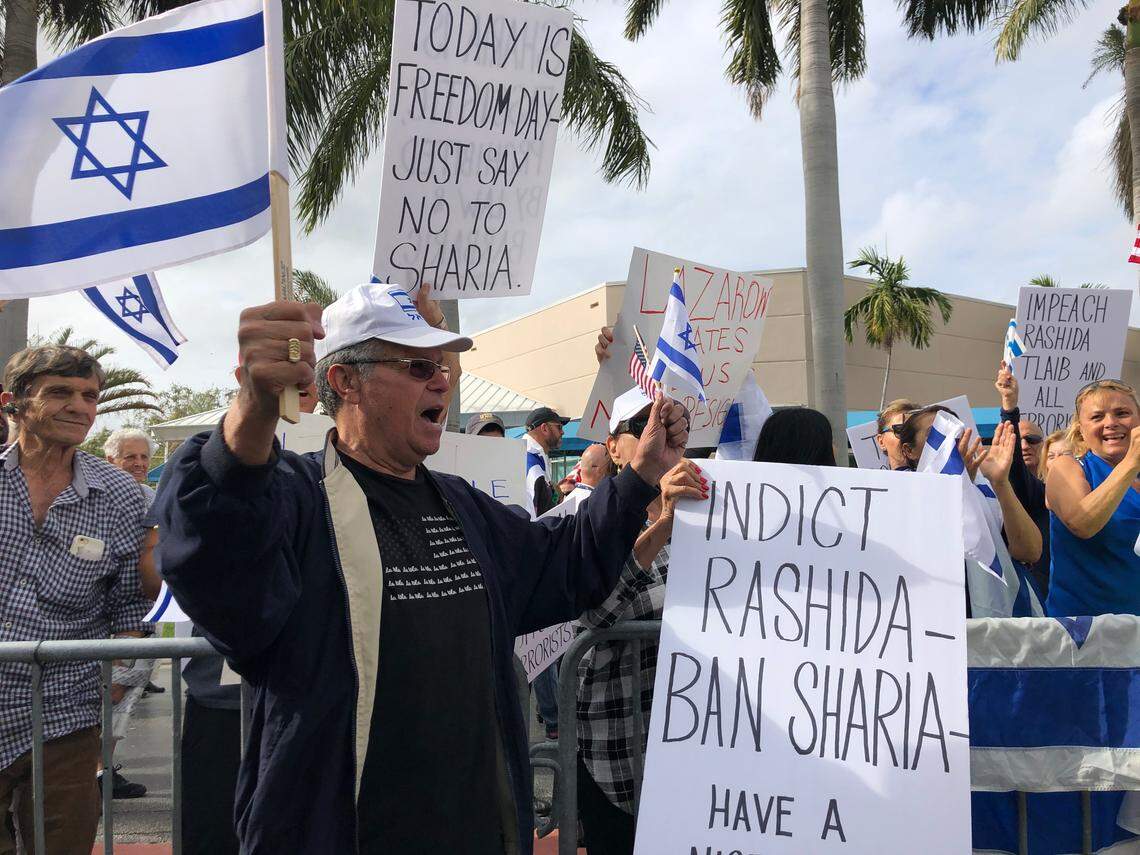 Anti-Muslim slogans promoted by some at pro-Israel rally held at Hallandale Beach City Hall Jan. 23.