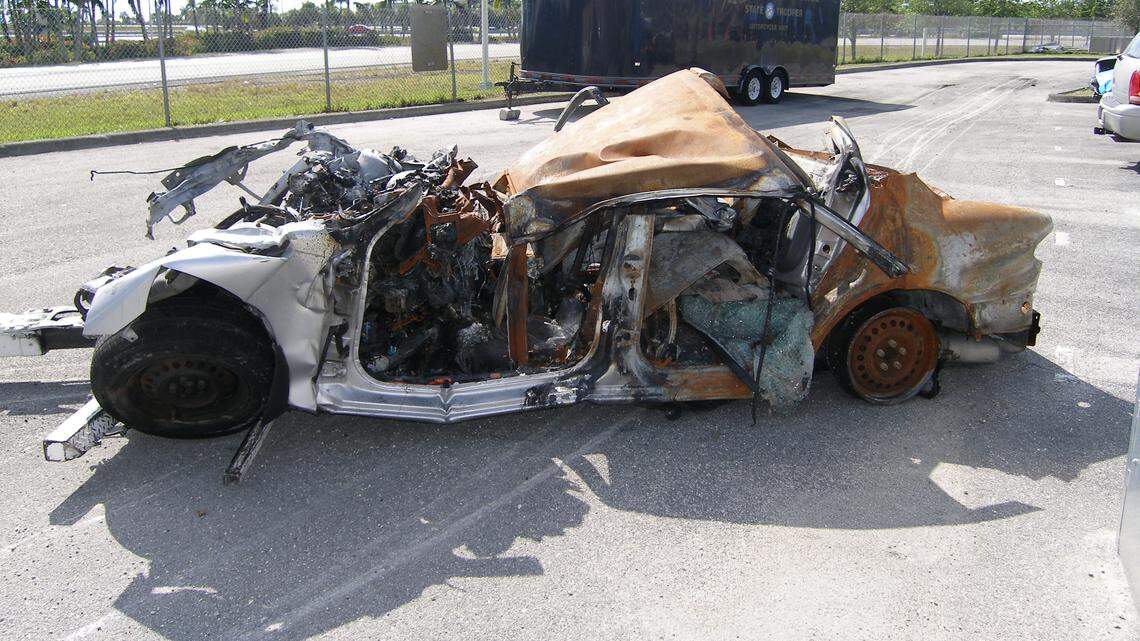 The 2004 Chevrolet Cavalier destroyed in a fiery car wreck on Krome Avenue in West Miami-Dade in January 2014. Anthony “DJ SonicC” Rodriguez and Gabriel Hernandez were killed.