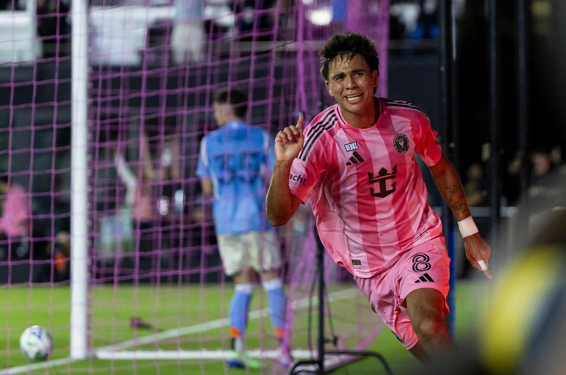 Inter Miami midfielder Telasco Segovia (8) celebrates after scoring a goal against New York City goalkeeper Matt Freese (49) in the second half of their MLS match at Chase Stadium on Saturday, Feb. 22, 2025, in Fort Lauderdale, Fla.
