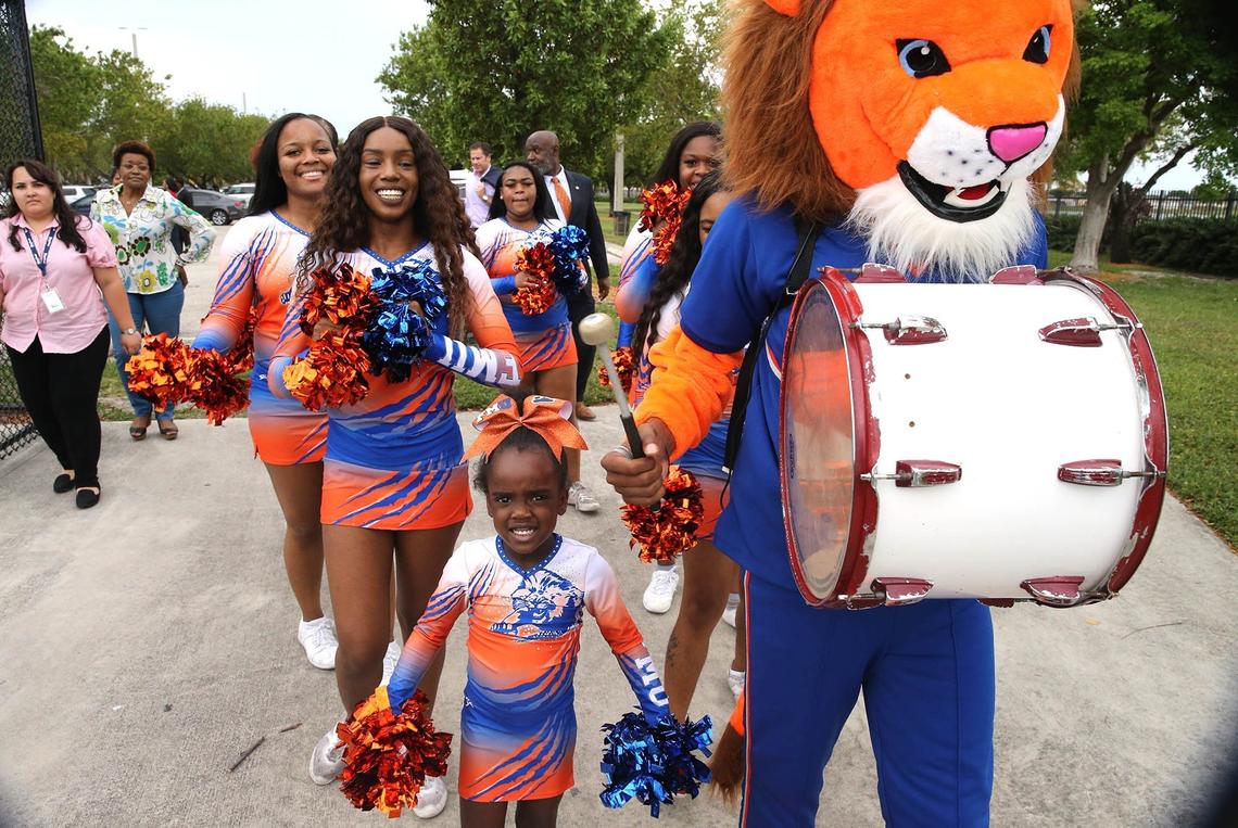Florida Memorial University cheerleaders during a ceremony celebrating the college’s return to football, May 4, 2019. FMU Board of trustees announced the revival of the FMU football team at the Berry T. Ferguson Recreational Complex where their games will be played.