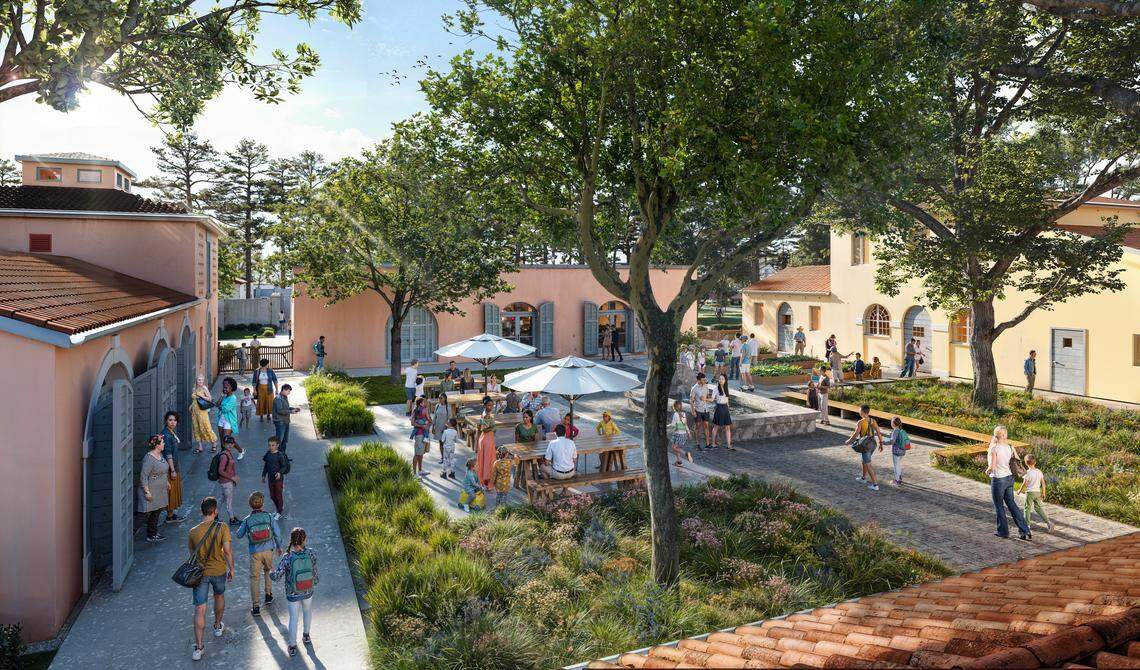 An architectural rendering depicts the restoration and conversion of original buildings at the Vizcaya Museum’s historic farm village, now under way, into the new Center for Learning and Discovery.