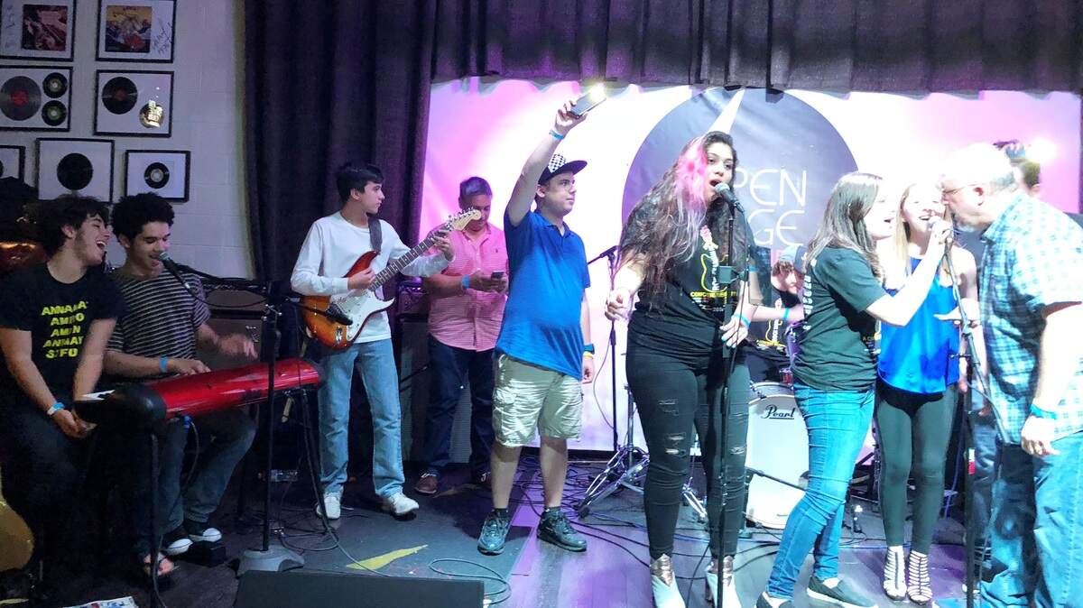 Youth rock and jazz bands recently participated in the first Rock Sarcoma Out Concert to raise awareness of childhood cancer and to benefit the SebastianStrong and Manny Alvarez foundations, which were created to honor the memory of Christopher Columbus High School students Sebastian Ortiz and Manny Alvarez. From left: student performers Nico Raimont, Danny Collazo, Jake Aleman, Jorge Diz, Jazzy Ortiz, Ceci Quiñones, Ariana Viteri and Bebo Collazo.