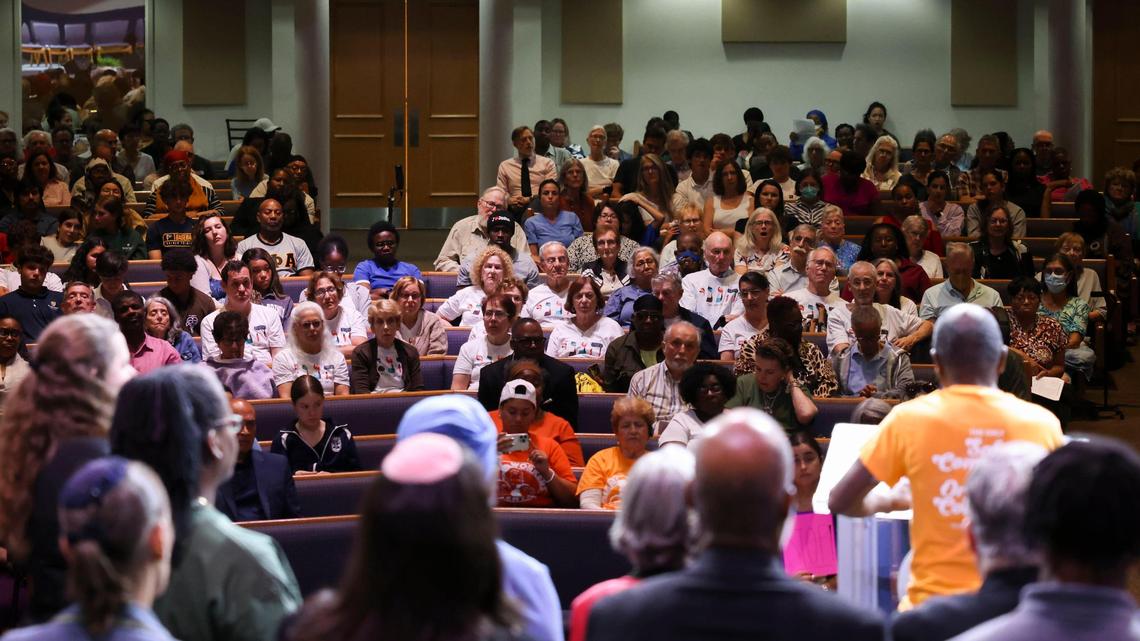 Attendees listened to a personal testimony of housing troubles from Brian Douglas of the Miami Workers Center during the PACT Nehemiah Action Assembly on Monday, April 7, 2025, at Sweet Home Missionary Baptist Church in Cutler Bay, Florida. Interfaith groups held the annual assembly to press elected leaders to make housing more affordable in Miami-Dade County.