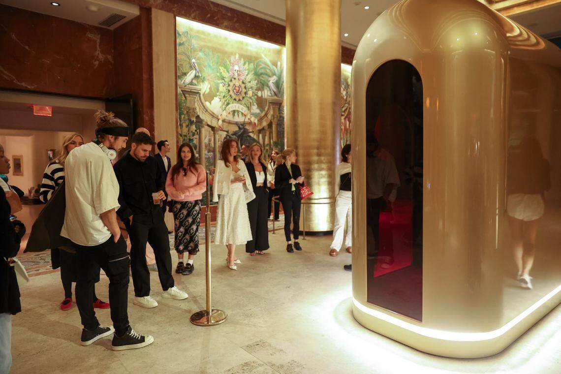 Artist Lyra Drake’s “Infinite Faith in a Finite World” is an interactive high-tech sculpture on display at Faena Hotel Miami Beach. The artwork, which uses artificial intelligence, debuted during Miami Art Week.