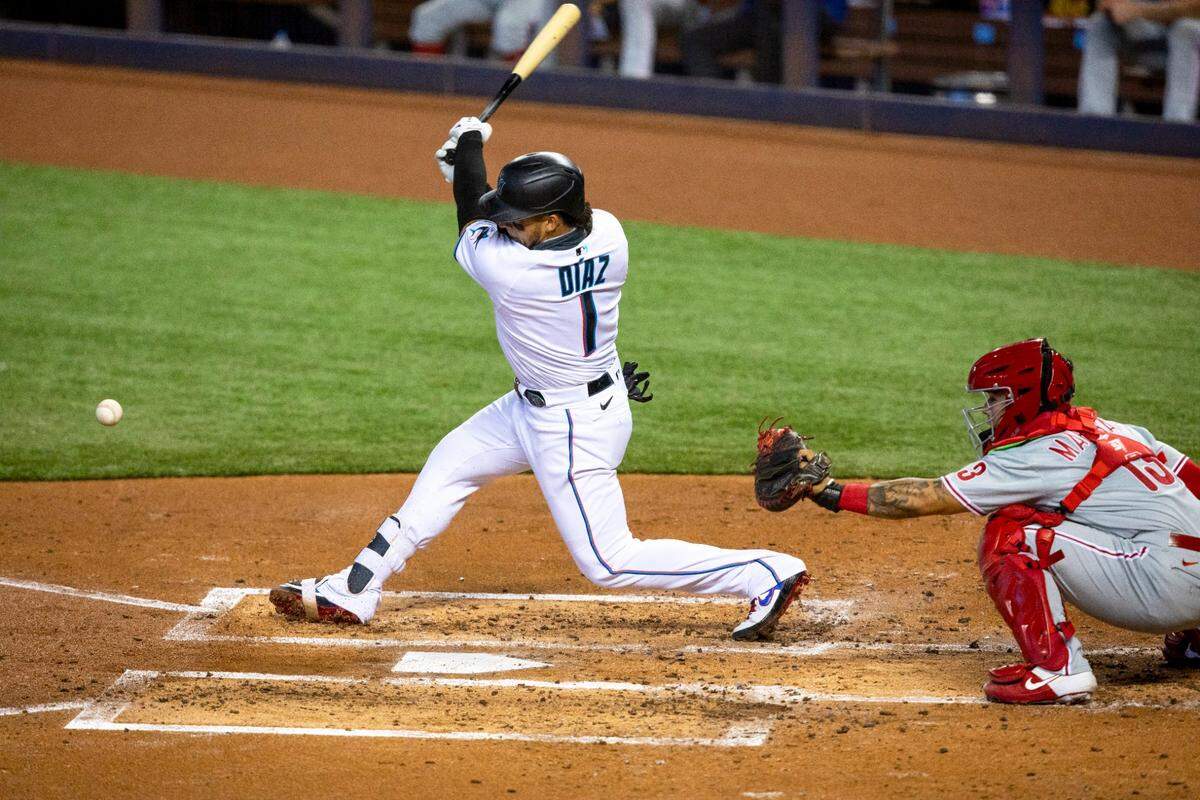 Miami Marlins infielder Isan Diaz (1) grounds out in the second inning of a Major League Baseball game against the Philadelphia Phillies at Marlins Park in Miami, Florida on Monday, September 14, 2020.