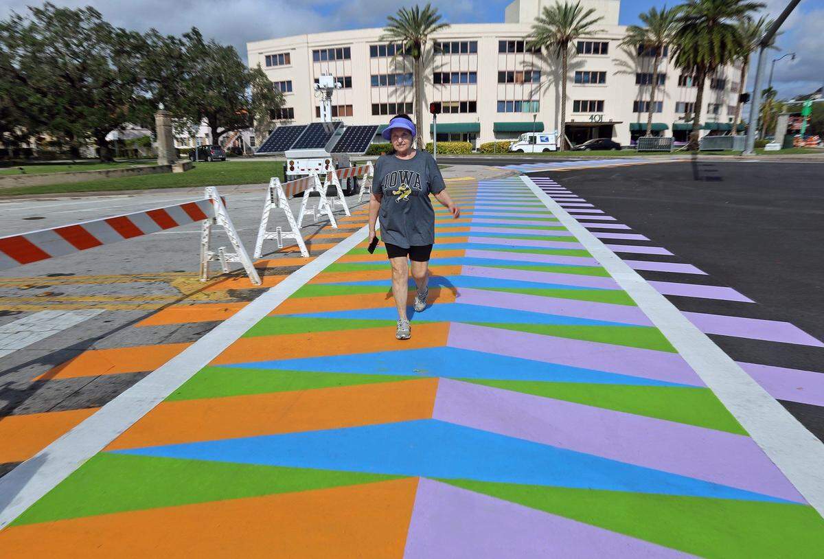 Coral Gables collaborated to show artwork by Carlos Cruz-Diez in the painting of eight crosswalks, including this one on Miracle Mile and LeJeune Road in 2017.