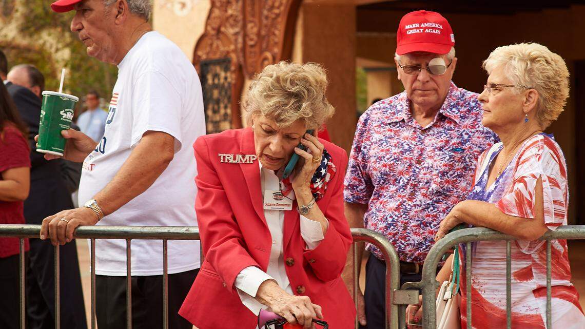 Supporters wait in line for entry to the Sharon L. Morse Performing Arts Center to see President Donald Trump speak about Medicare on Thursday, Oct. 3, 2019, in The Villages, Florida.