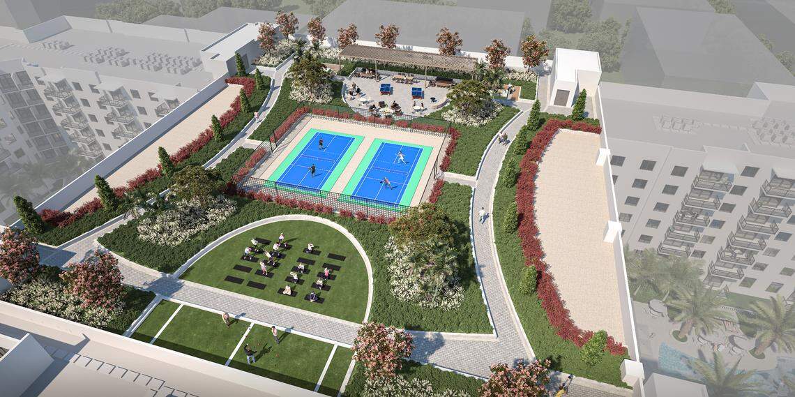 A rendering of the rooftop wellness deck at Sevilla, the newest residential mid-rise by Codina Partners, located at Northwest 53rd Street and Northwest 52nd Terrace.