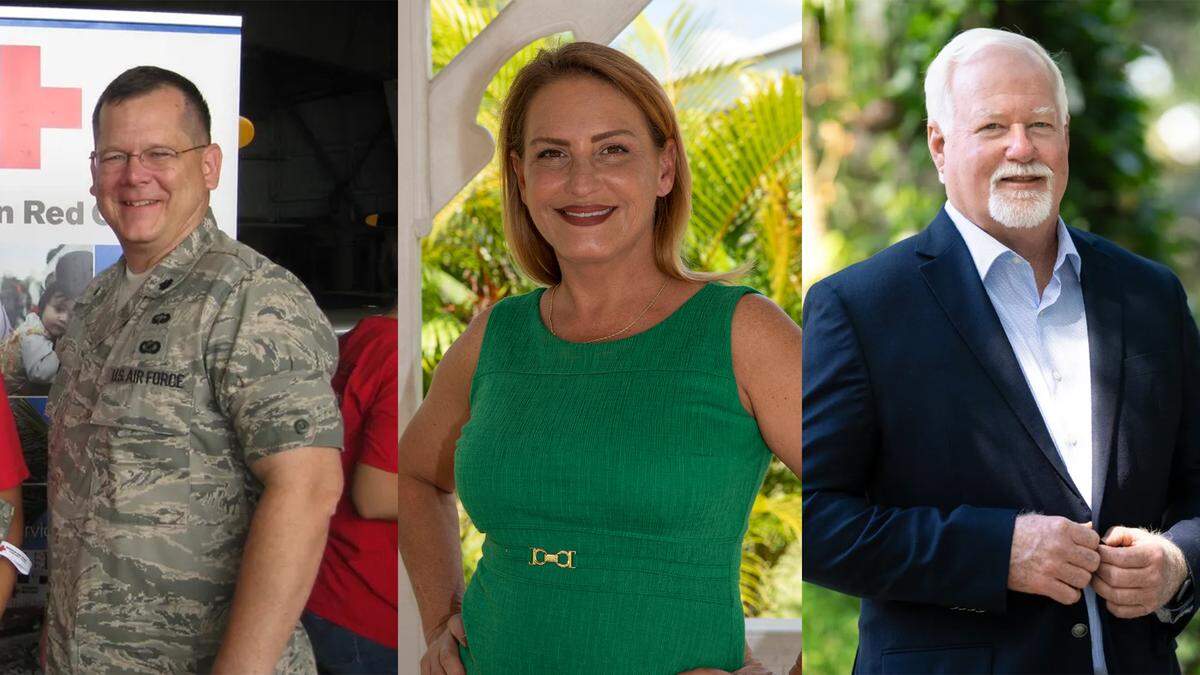 Los candidatos al escaño uno del Ayuntamiento de Homestead de izquierda a derecha: Thomas B. Davis, Amy Spadaro y James Wyatt.
