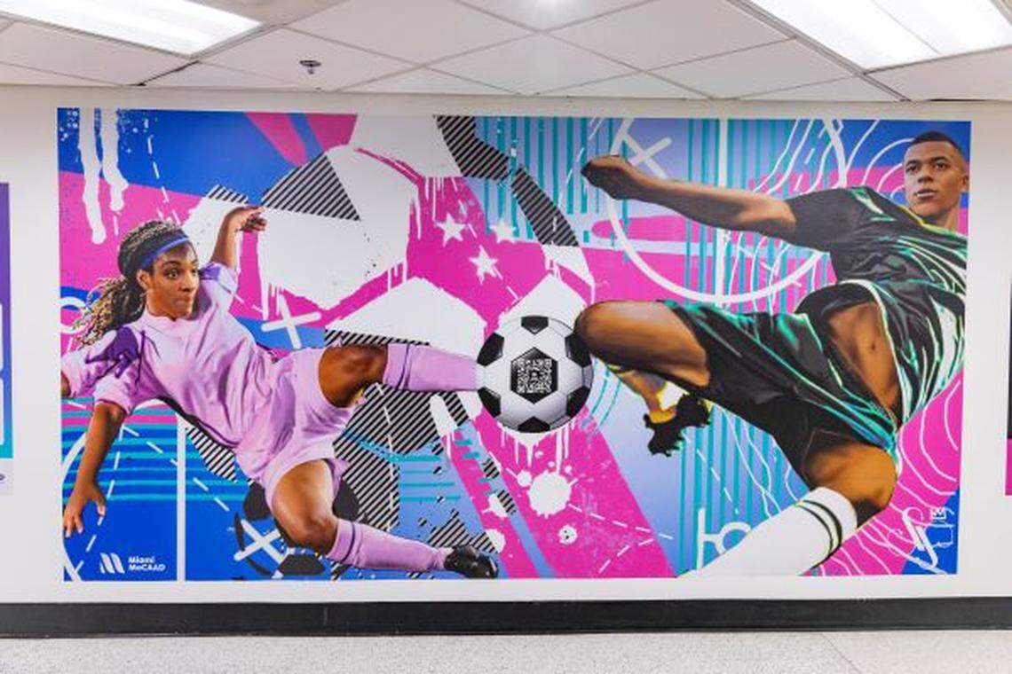 This mural, “Overtown Pitch Game Changers,” depicts former soccer player Crystal Dunn and French footballer Kylian Mbappé.