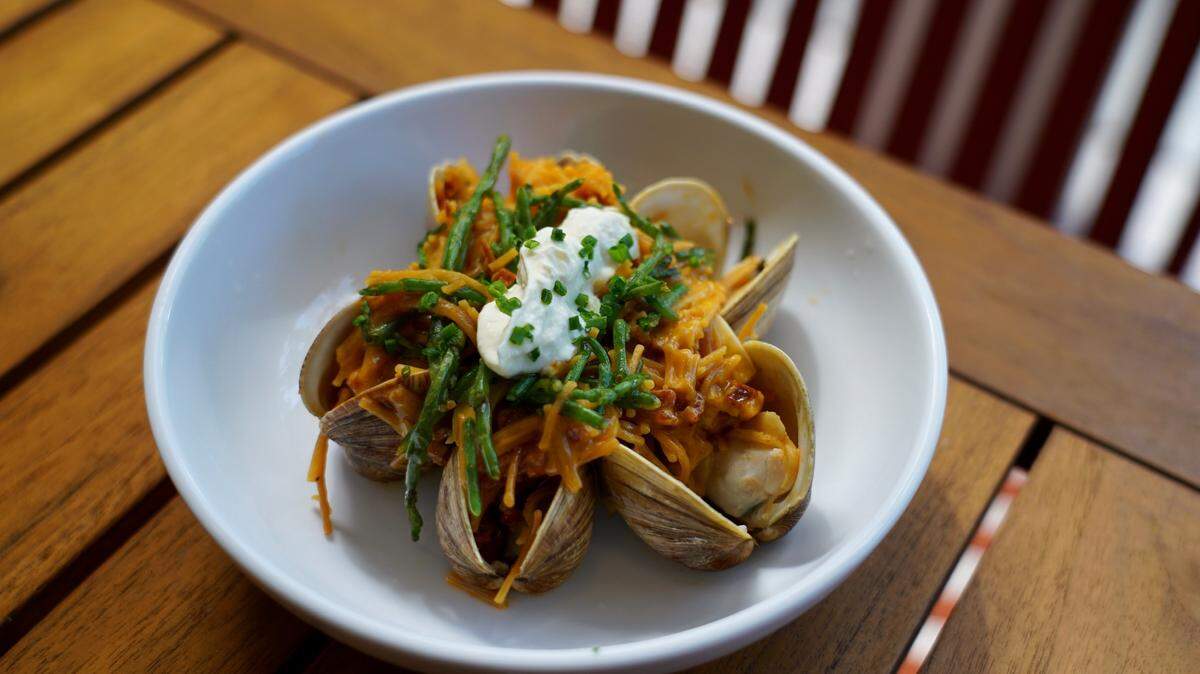 “Fideos” with clams and chorizo at Tigertail and Mary, Michael Schwartz’s new restaurant in Coconut Grove.