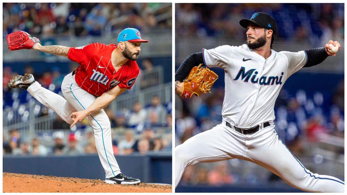 Miami Marlins left-handed relief pitchers Tanner Scott (left) and Andrew Nardi (right).