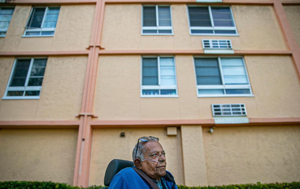 Juan Salazar, 77, outside his apartment home in the Little Havana neighborhood of Miami, Florida, on Saturday, Feb. 5, 2022. Salazar explained his party affiliation was changed from Democrat to Republican without his permission.