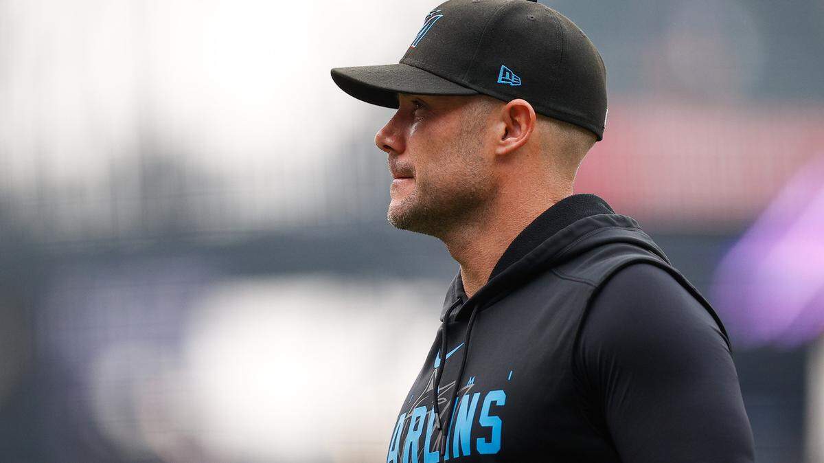 Miami Marlins manager Skip Schumaker (55) before the game against the Colorado Rockies at Coors Field on Monday, May 22, 2023.