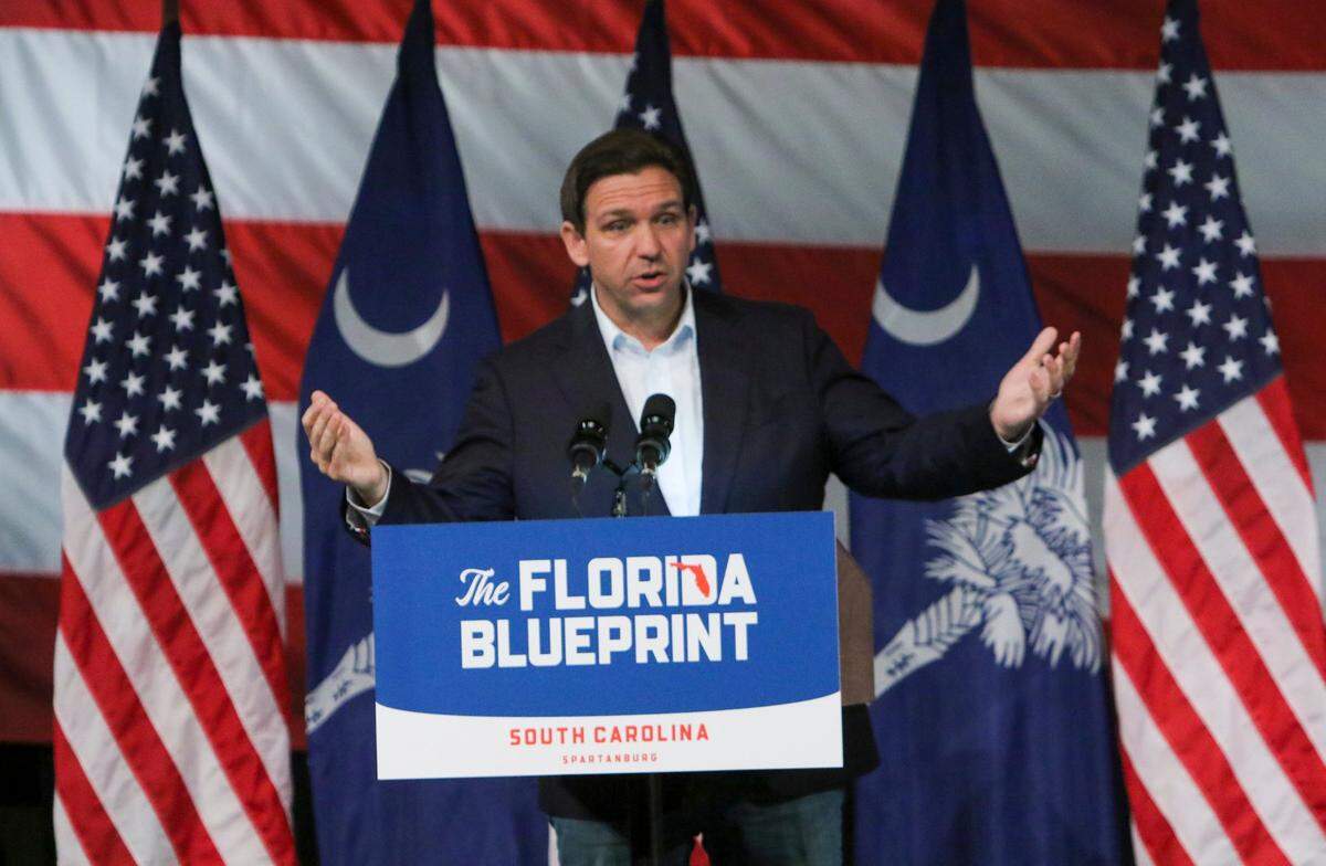 Florida Gov. Ron DeSantis speaks during a tour at North Baptist Church in Spartanburg on Wednesday April 19, 2023.