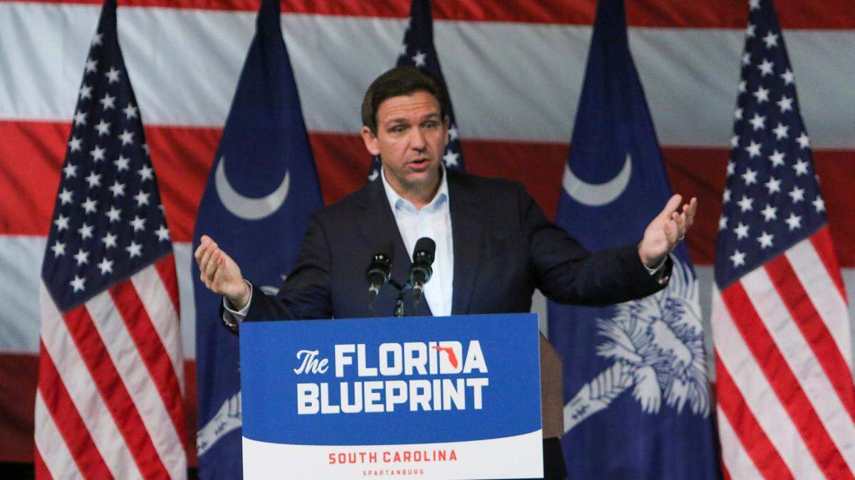 Florida Gov. Ron DeSantis speaks during a tour at North Baptist Church in Spartanburg on Wednesday April 19, 2023.