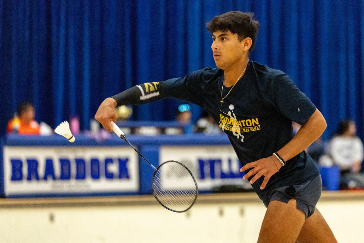 Leandro Villalobos returns a shot during the GMAC badminton tournament final for men’s singles at Braddock High School in Miami, Florida, on Thursday, April 18, 2024.