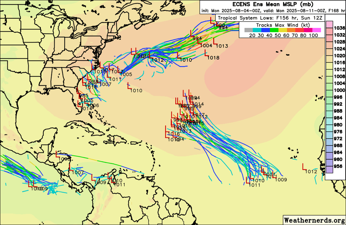 The Monday morning European ensemble runs suggest that the tropical wave off the coast of Africa could see some development over the next few days as it moves west across the Atlantic.