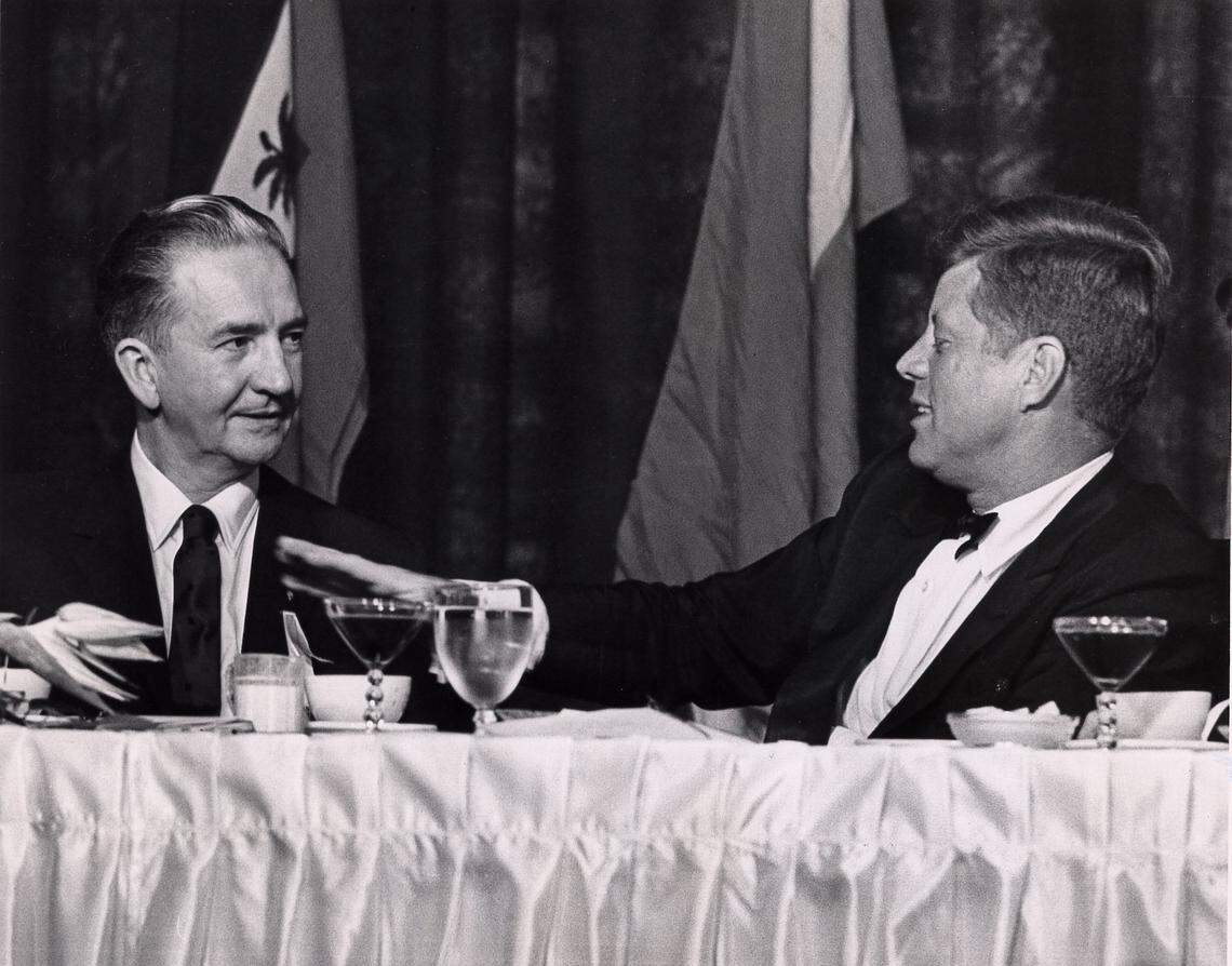 President John F. Kennedy with Lee Hills in a file photo from Nov. 18, 1963, taken days before Kennedy was assassinated in Dallas on Nov. 22.