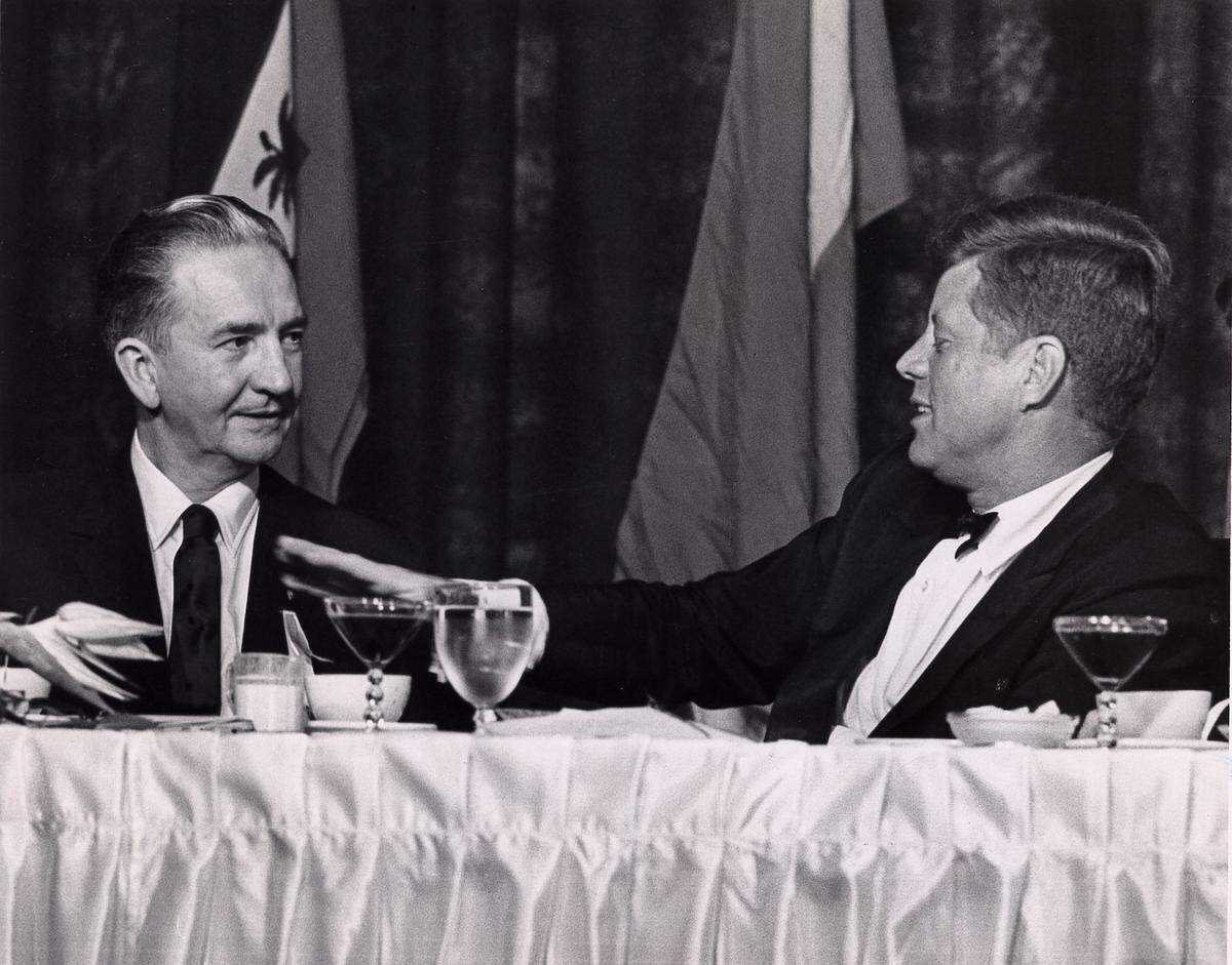 President John F. Kennedy with Lee Hills in a file photo from Nov. 18, 1963, taken days before Kennedy was assassinated in Dallas on Nov. 22.