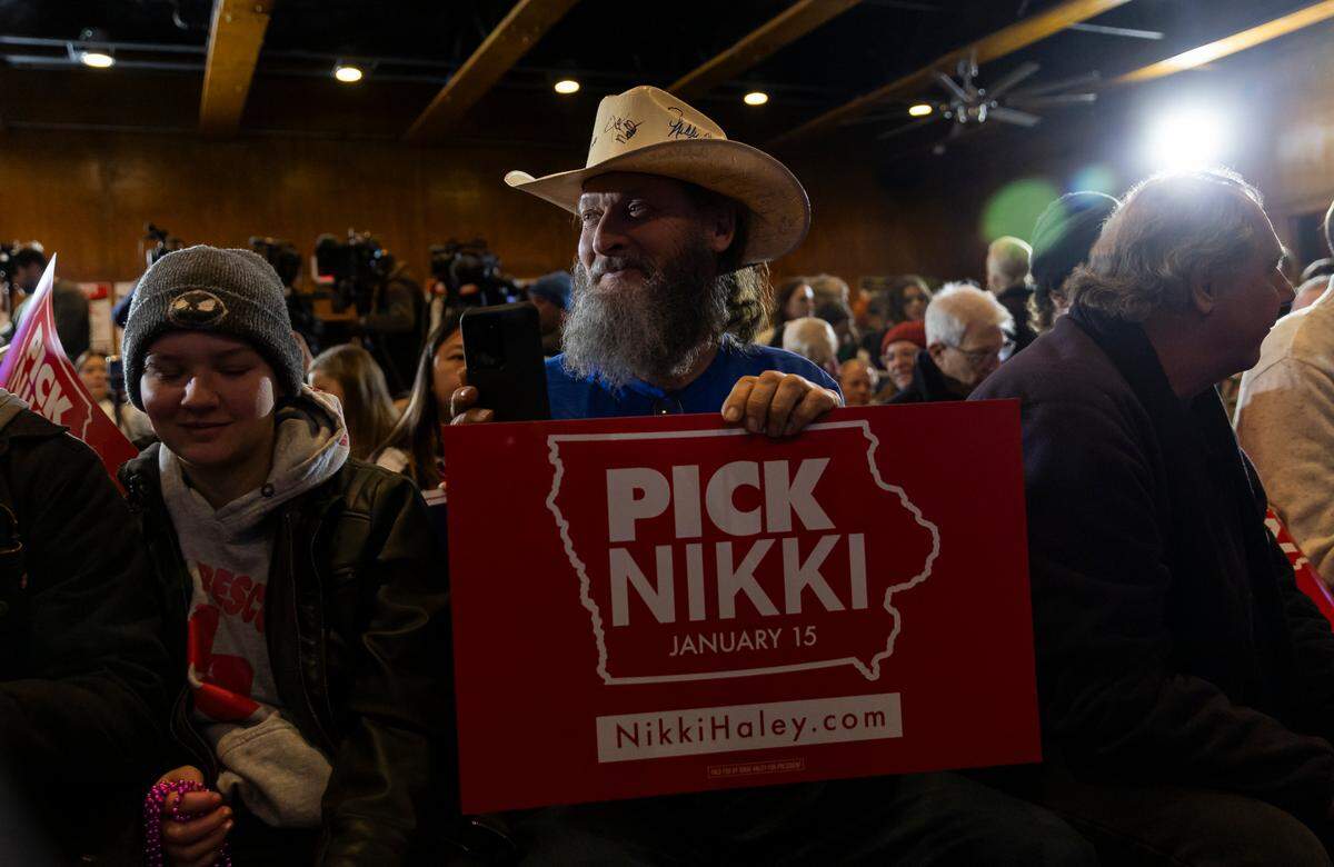 Former United Nations Ambassador Nikki Haley supporters attend a rally at Jethro’s BBQ on Sunday, Jan. 14, 2024, in Ames, Iowa. A poll released Saturday showed Haley running in second place ahead of the Iowa caucuses.