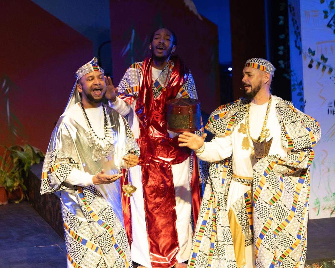 Black Nativity’s three wise men, portrayed by Kris Mitchell, Jamaine Benjamin and RJ Rosasco, present their gifts to Jesus in last year’s staging of the gospel song play.