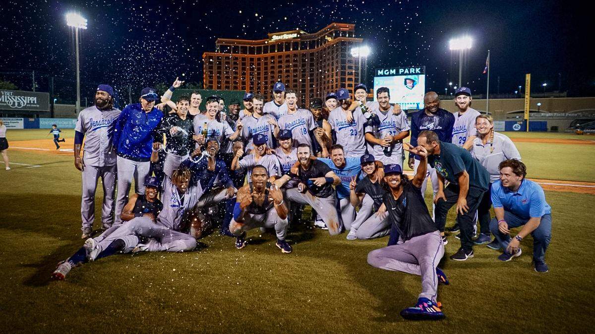 The Pensacola Blue Wahoos celebrate after clinching the First Half South Division title on Thursday, June 23, 2022, to ensure a Southern League playoff appearance this season.