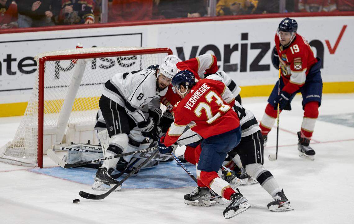 Florida Panthers center Carter Verhaeghe (23) tries to take a shot toward goal against the Los Angeles Kings during the third period of an NHL game at the FLA Live Arena on Friday, Jan. 27, 2023, in Sunrise, Fla.