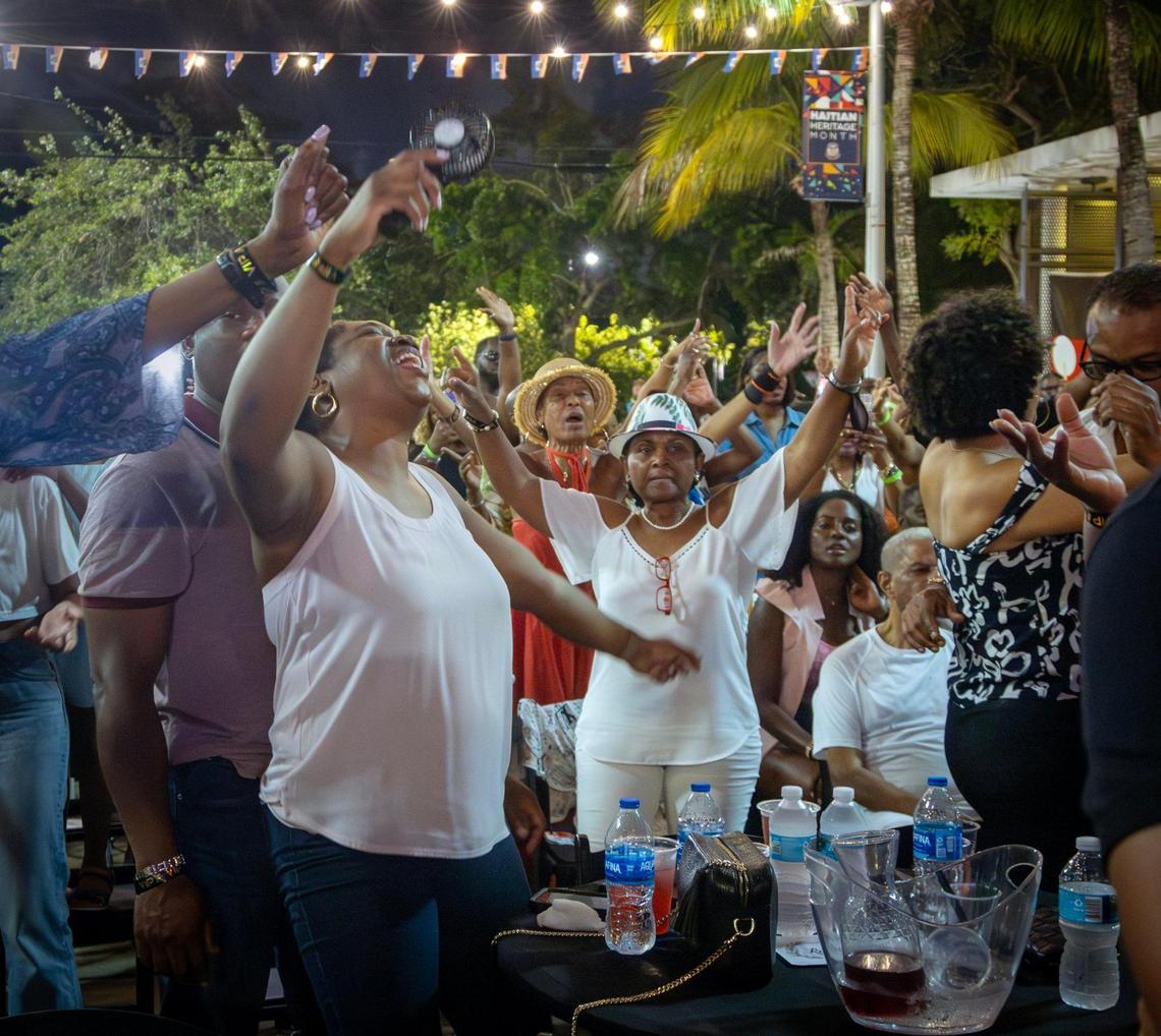 Kompa fans dance and sing along as Haitian Kompa star Richard Cave performs on Friday, June 20, 2025, at “Sounds of Little Haiti” at the Little Haiti Cultural Complex.
