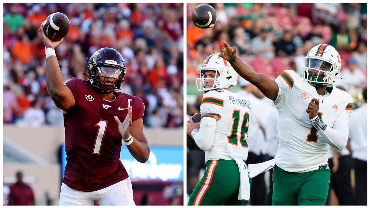 Virginia Tech quarterback Kyron Drones (left) and Miami Hurricanes quarterback Cam Ward (right) are cousins and will face each other on Friday, Sept. 27, 2024, when Miami opens ACC play against Virginia Tech.