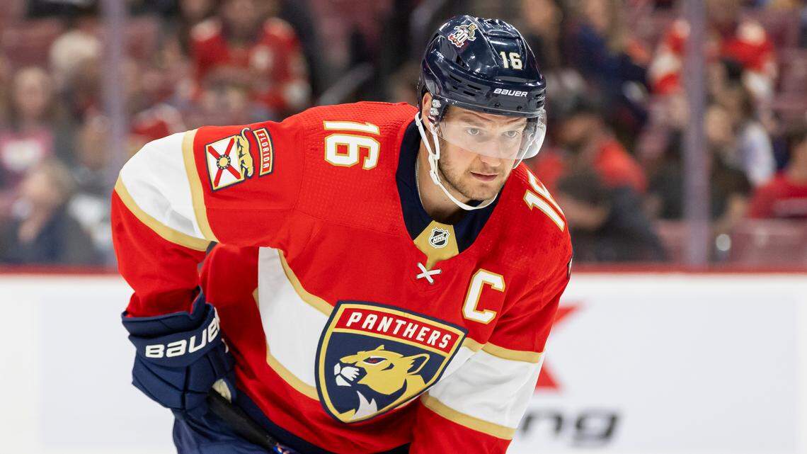 Florida Panthers forward Aleksander Barkov (16) looks on during a face off against the Nashville Predators in the first period of an NHL preseason game at the Amerant Bank Arena on Monday, Sept. 25, 2023, in Sunrise, Fla.
