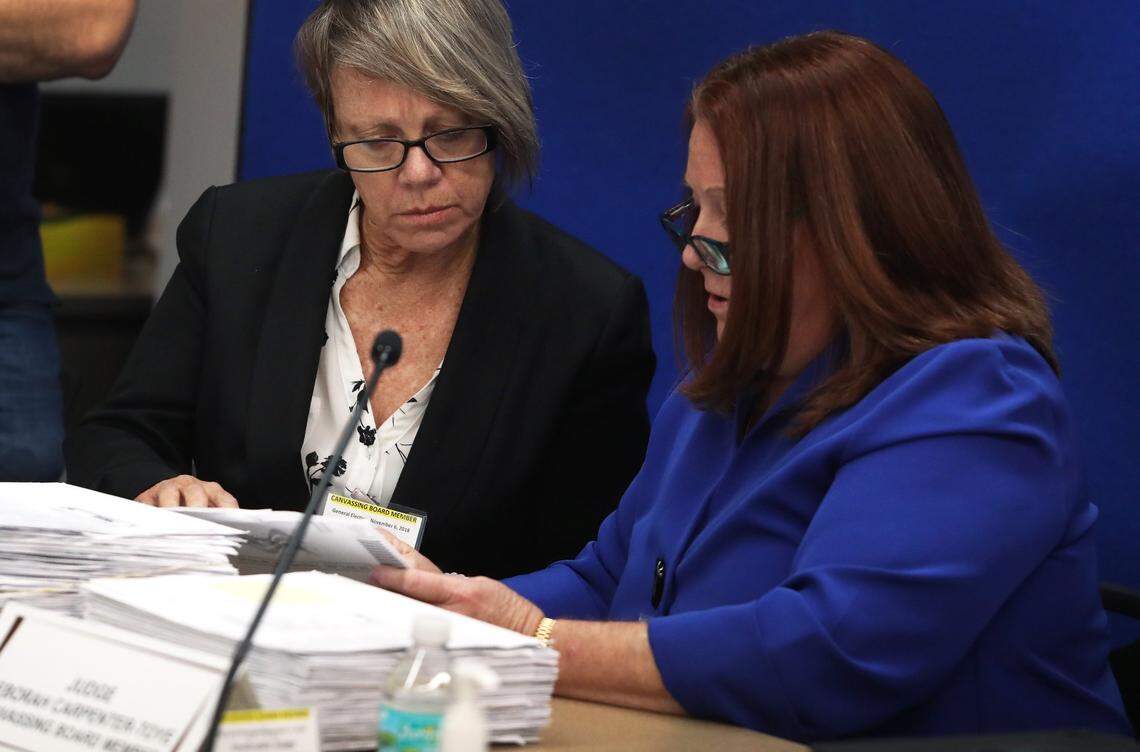 Canvassing Board members, Judge Betsy Benson,l eft, and Judge Deborah Carpenter-Toye look over signatures on ballots at the Broward County Supervisor of Elections office in Lauderhill, Thursday, November 8, 2018.