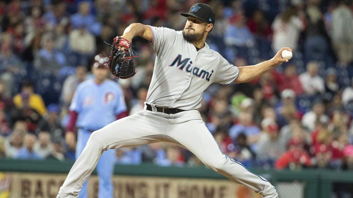 Miami Marlins starting pitcher Caleb Smith throws during the third inning of a baseball game against the Philadelphia Phillies, Thursday, April 25, 2019, in Philadelphia. (AP Photo/Chris Szagola)