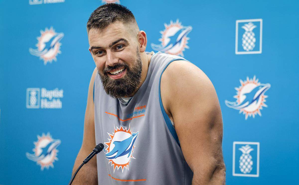 Miami Dolphins defensive tackle Zach Sieler (92) speaks to reporters after practice at the Miami Dolphins Training Camp in Miami Gardens, Florida, on Tuesday, August 26, 2025.